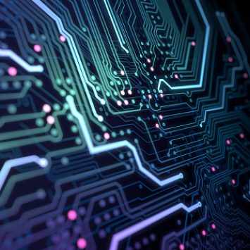 Circuit board with running data by a glowing lines.